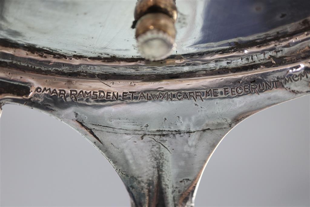A George V Arts & Craft planished silver hors doeuvres circular dish by Ramsden & Carr,